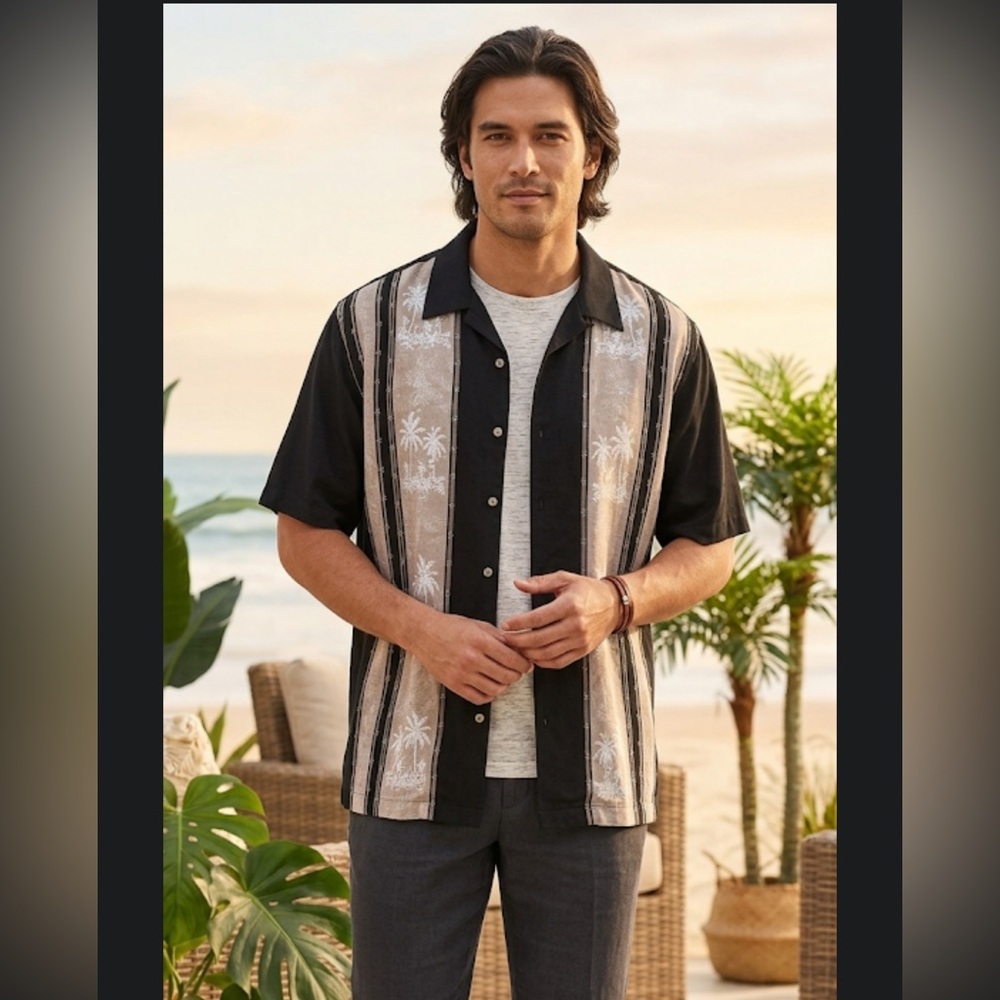 Croft & Barrow Mens XXL Black Palm Tree Tropical Camp Button Down Shirt